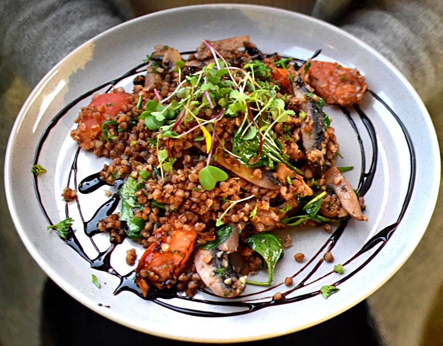 kasha with mushroom tomato parsley and spinach