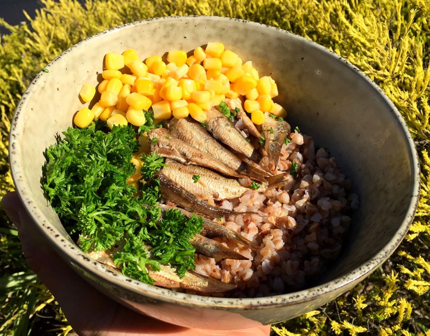 kasha with sweet corn and smoked sardines